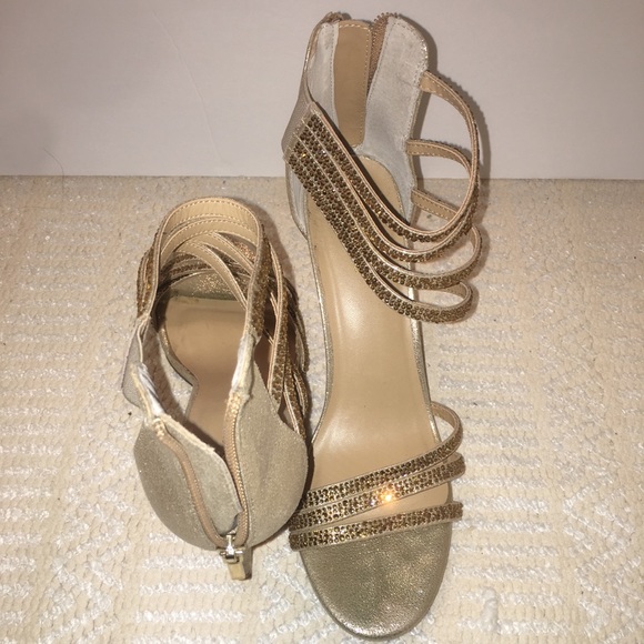 High heeled ankle strap gold embellished heels - Picture 1 of 4